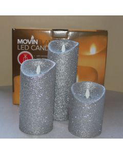3 Kaarsen LED 3xAA Glitter Silver 9x12.5+18+23cm            